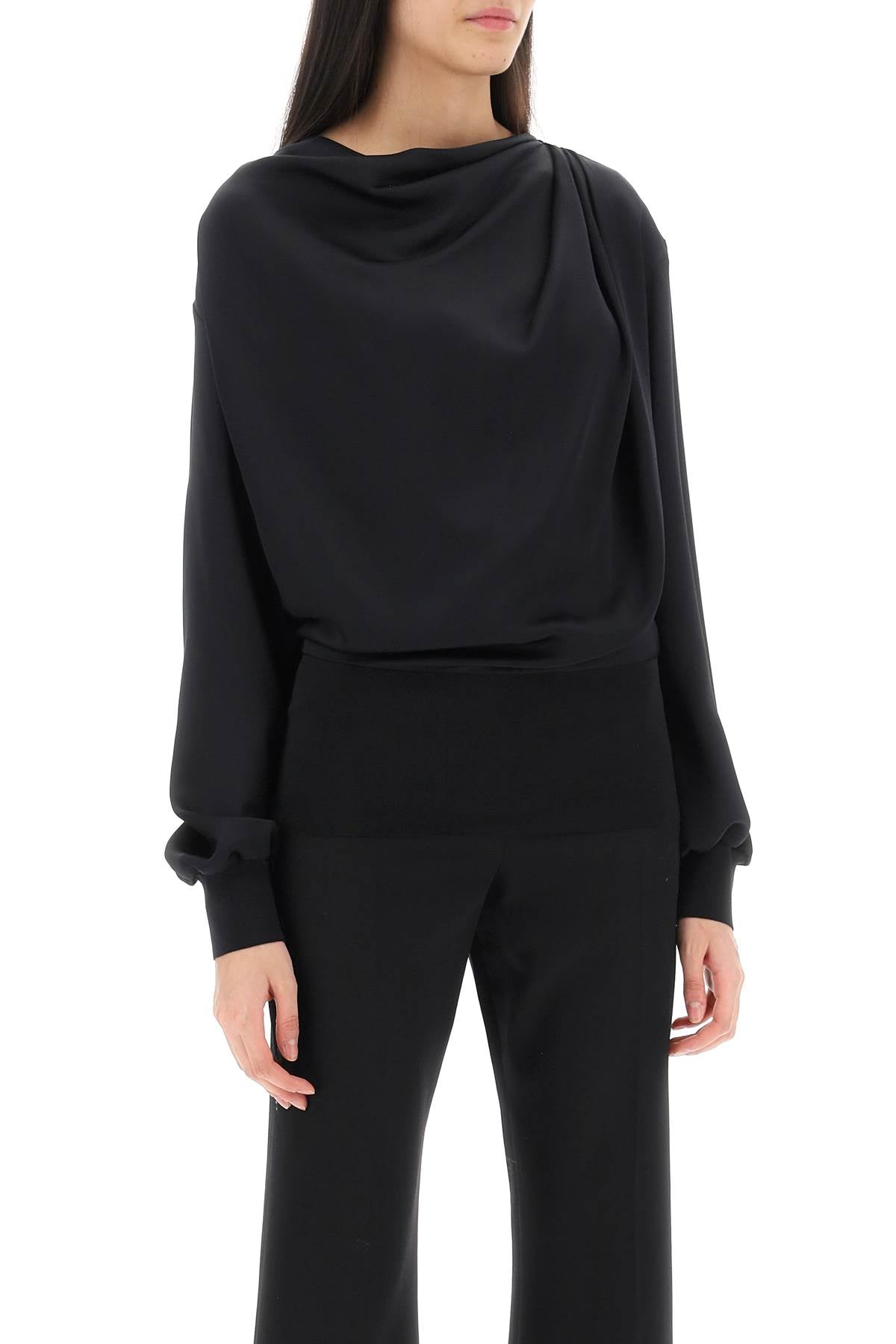 ALEXANDER MCQUEEN Silk Satin Draped Blouse with Cowl Neck and Ribbed Cuffs