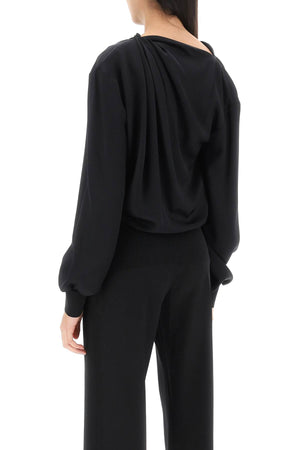 ALEXANDER MCQUEEN Silk Satin Draped Blouse with Cowl Neck and Ribbed Cuffs