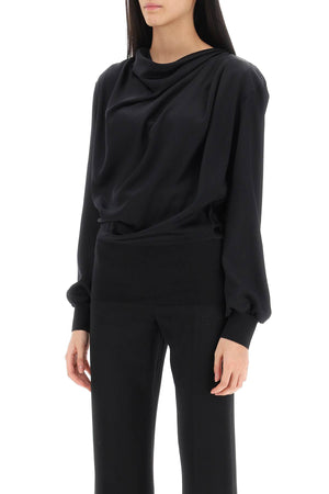 ALEXANDER MCQUEEN Silk Satin Draped Blouse with Cowl Neck and Ribbed Cuffs