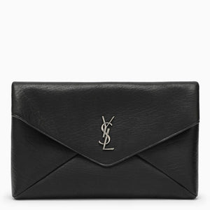 SAINT LAURENT メンズ ブラック ラムスキン クラッチバッグ フロントロゴ付き