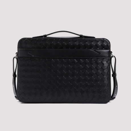 BOTTEGA VENETA メンズ ブラックレザーメッセンジャーブリーフケース SS24用