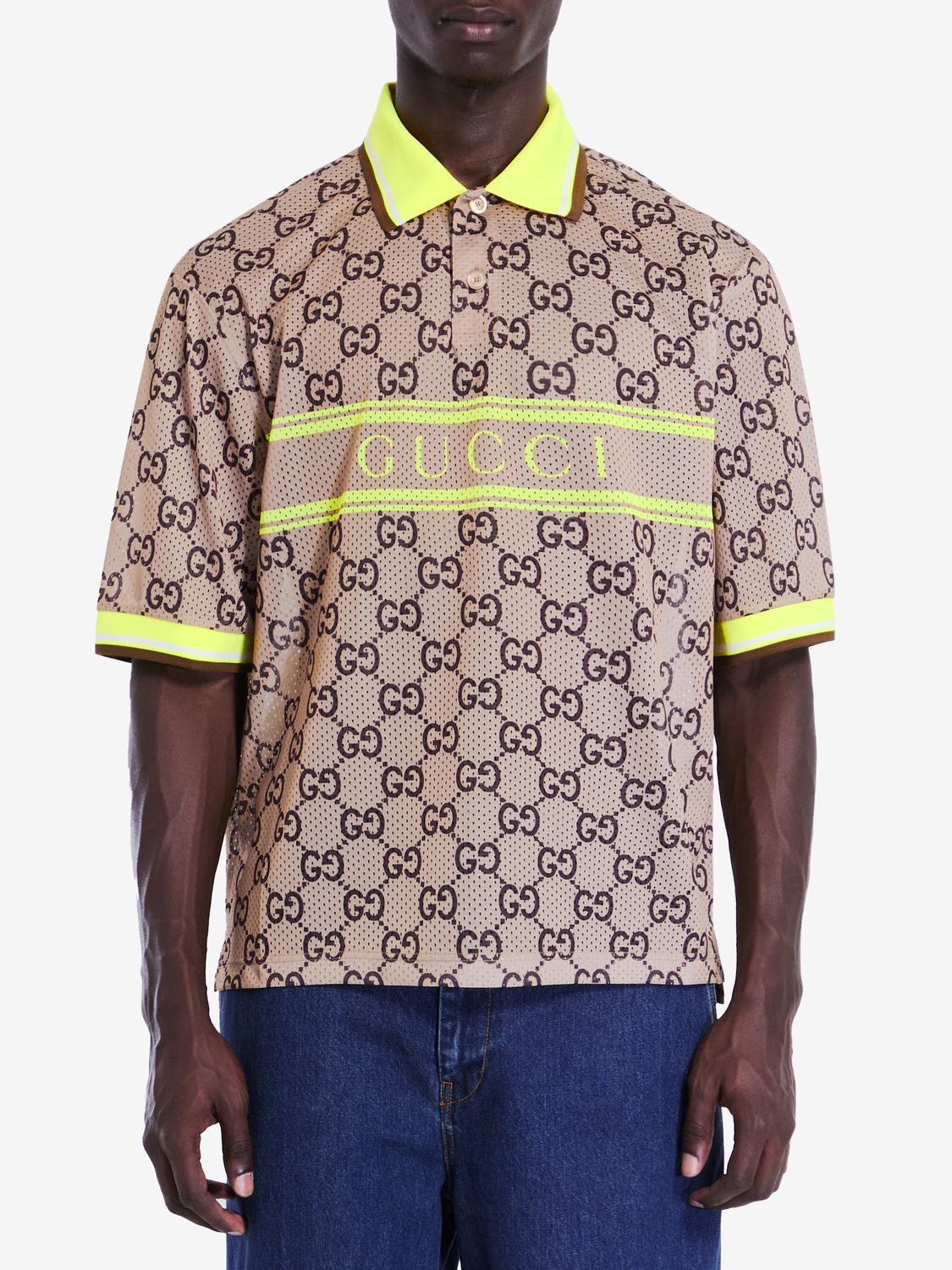 GUCCI Men's GG-Printed Polo Shirt with Lime Green Trims