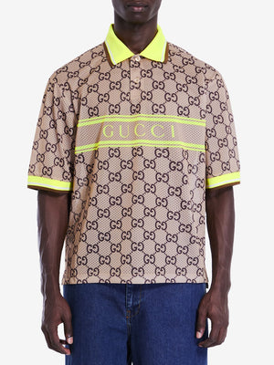 GUCCI Men's GG-Printed Polo Shirt with Lime Green Trims