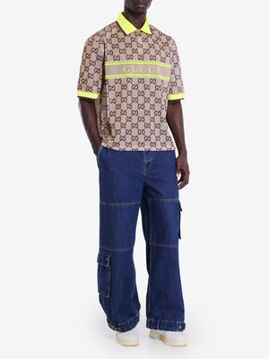 GUCCI Men's GG-Printed Polo Shirt with Lime Green Trims