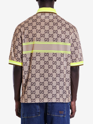 GUCCI Men's GG-Printed Polo Shirt with Lime Green Trims