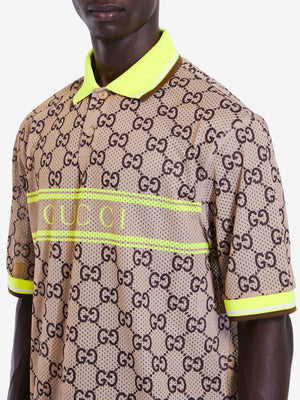 GUCCI Men's GG-Printed Polo Shirt with Lime Green Trims