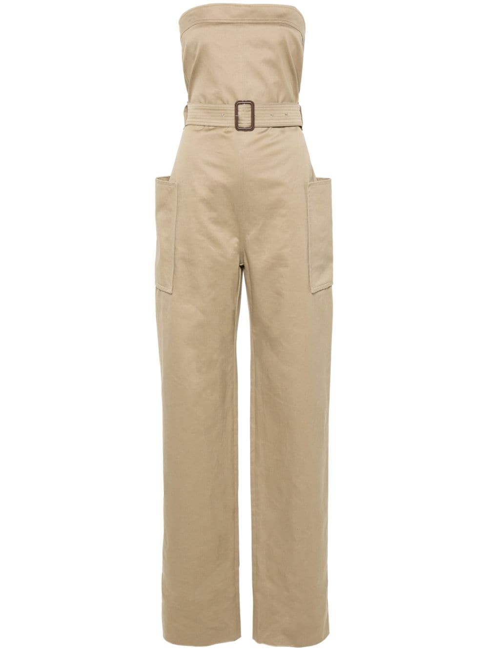 SAINT LAURENT Strapless Cotton Gabardine Jumpsuit with Detachable Belt