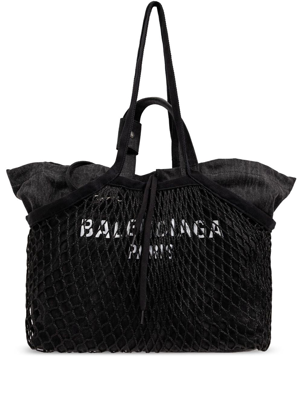 BALENCIAGA キャンバスフィッシュネットレイヤーロゴプリントハンドバッグ