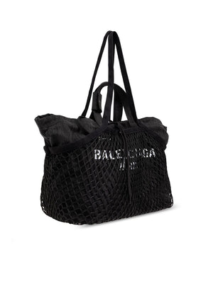 BALENCIAGA キャンバスフィッシュネットレイヤーロゴプリントハンドバッグ