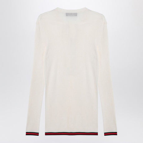 GUCCI Silk Crewneck Long Sleeve T-Shirt with Web Ribbon Cuffs and Hem