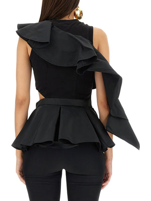 ALEXANDER McQUEEN Women's Mini Hybrid Top with Front Ruffles and Cut-Out Detail