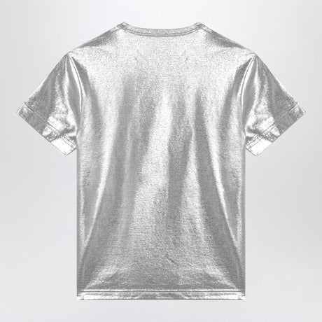 GUCCI Laminated Cotton Silver Crewneck T-Shirt with Logo