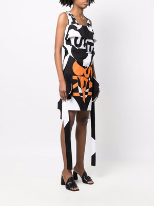 BURBERRY Black and White Printed Sleeveless Dress with Orange Fringe Details