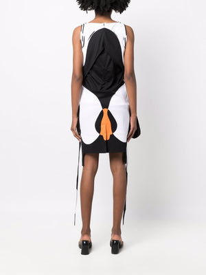 BURBERRY Black and White Printed Sleeveless Dress with Orange Fringe Details