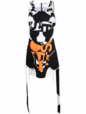 BURBERRY Black and White Printed Sleeveless Dress with Orange Fringe Details