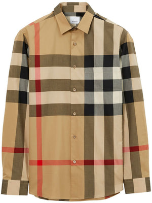 BURBERRY メンズ チェック柄 コットンシャツ - ラウンドヘム, ベージュ, SS24