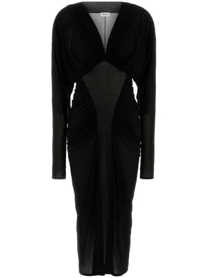 SAINT LAURENT Ruched Midi Dress with Plunging V Neckline - Size 36