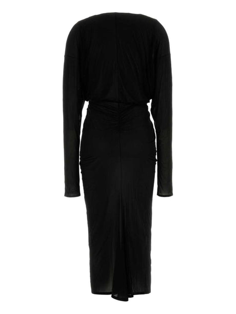 SAINT LAURENT Ruched Midi Dress with Plunging V Neckline - Size 36