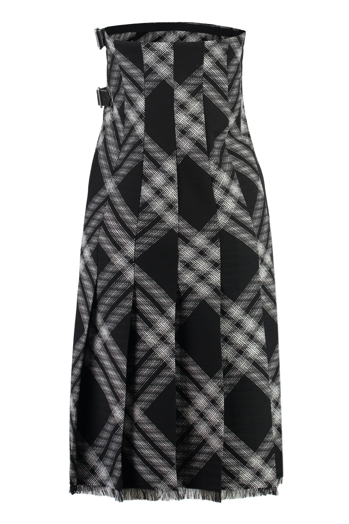 BURBERRY Off-The-Shoulder Dress with Check Motif and Fringed Edges