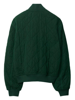 Green Crinkled Quilted Bomber Jacket with Embroidered Design