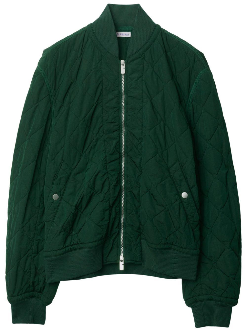 Green Crinkled Quilted Bomber Jacket with Embroidered Design