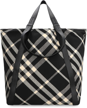 BURBERRY 黒いタルタン柄トートハンドバッグ（レザーディテールと複数のポケット付き）