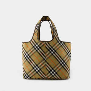 BURBERRY Medium Checkered Cotton Twill Tote with Leather Accents