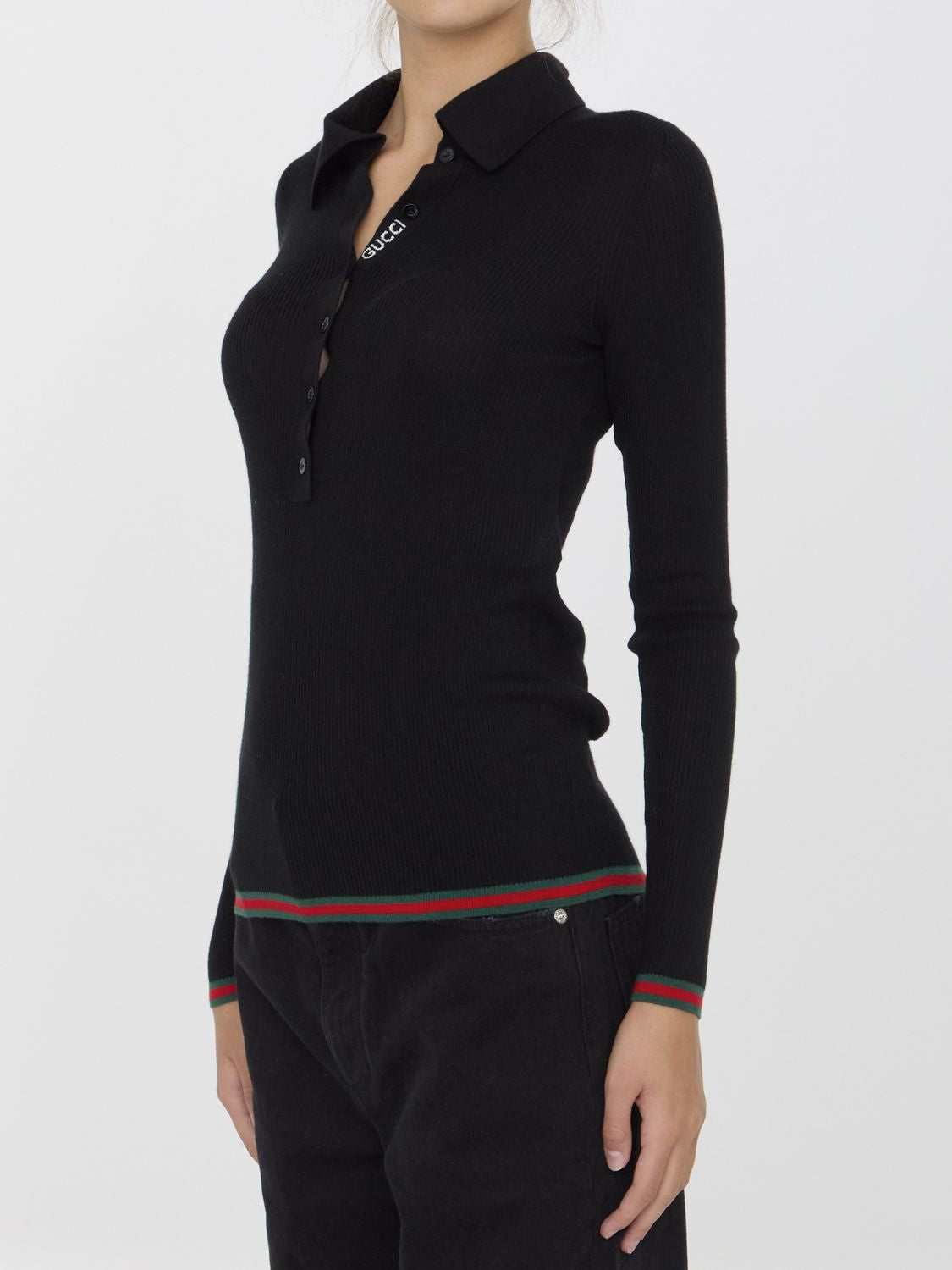 GUCCI Ribbed Cashmere and Silk Jumper with Polo Collar - Tight Fit