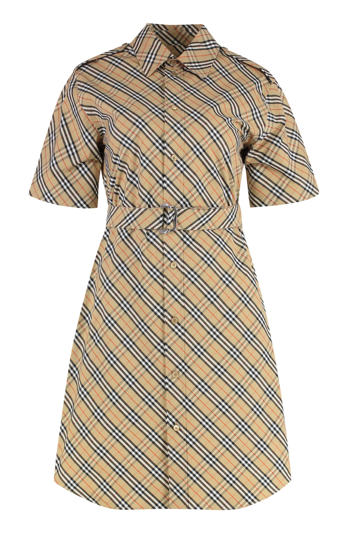 BURBERRY Checked Cotton Shirtdress with Coordinated Waist Belt