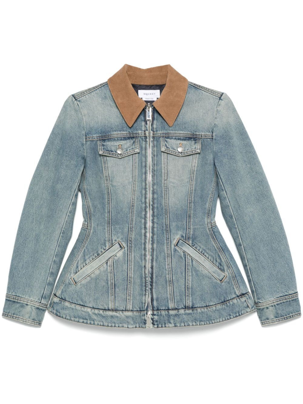 ALEXANDER MCQUEEN Corduroy Collar Peplum Denim Jacket