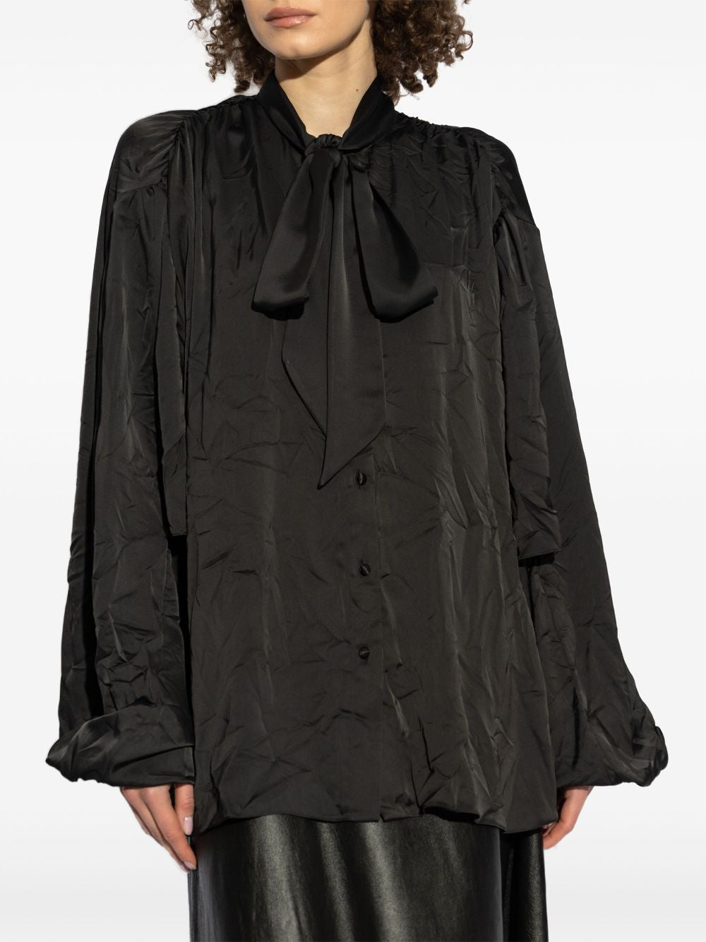 BALENCIAGA Satin Blouse with Bow and Cut-Out Sleeves