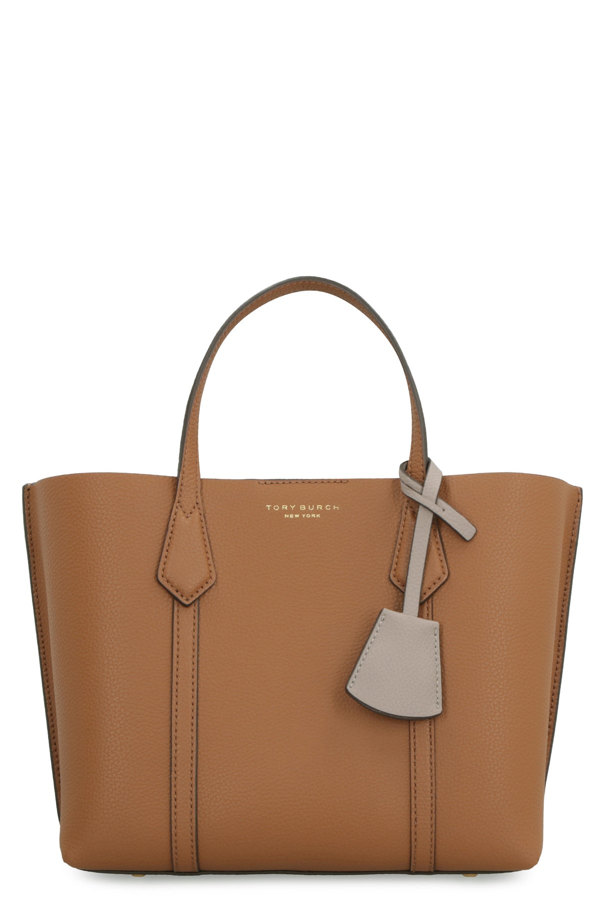 TORY BURCH Small Perry Beige Grained Leather Tote with Gold-Tone Accents and Convertible Strap