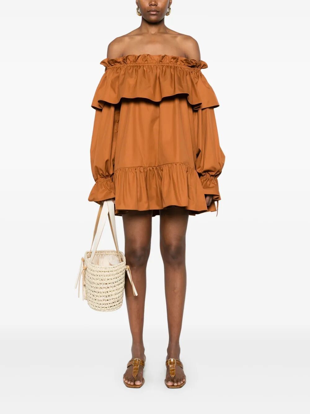 SAINT LAURENT Off-the-Shoulder Cotton Twill Ruffled Mini Dress