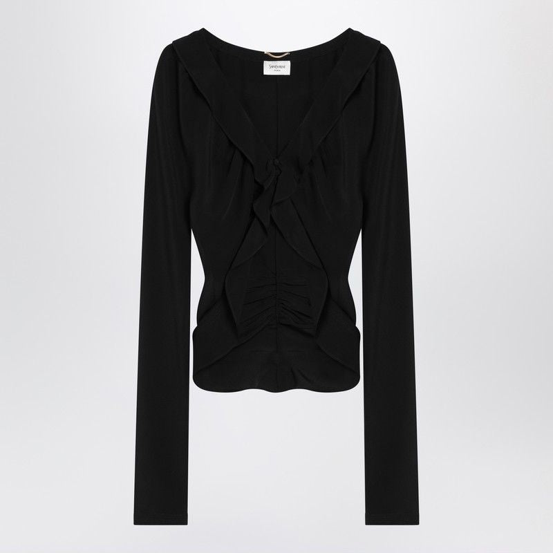 SAINT LAURENT Silk Ruffled Blouse with V-Neckline and Button Closure