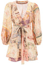 ZIMMERMANN Multicolored Linen Short Dress with Wrap-Around Fastening and Wide Sleeves