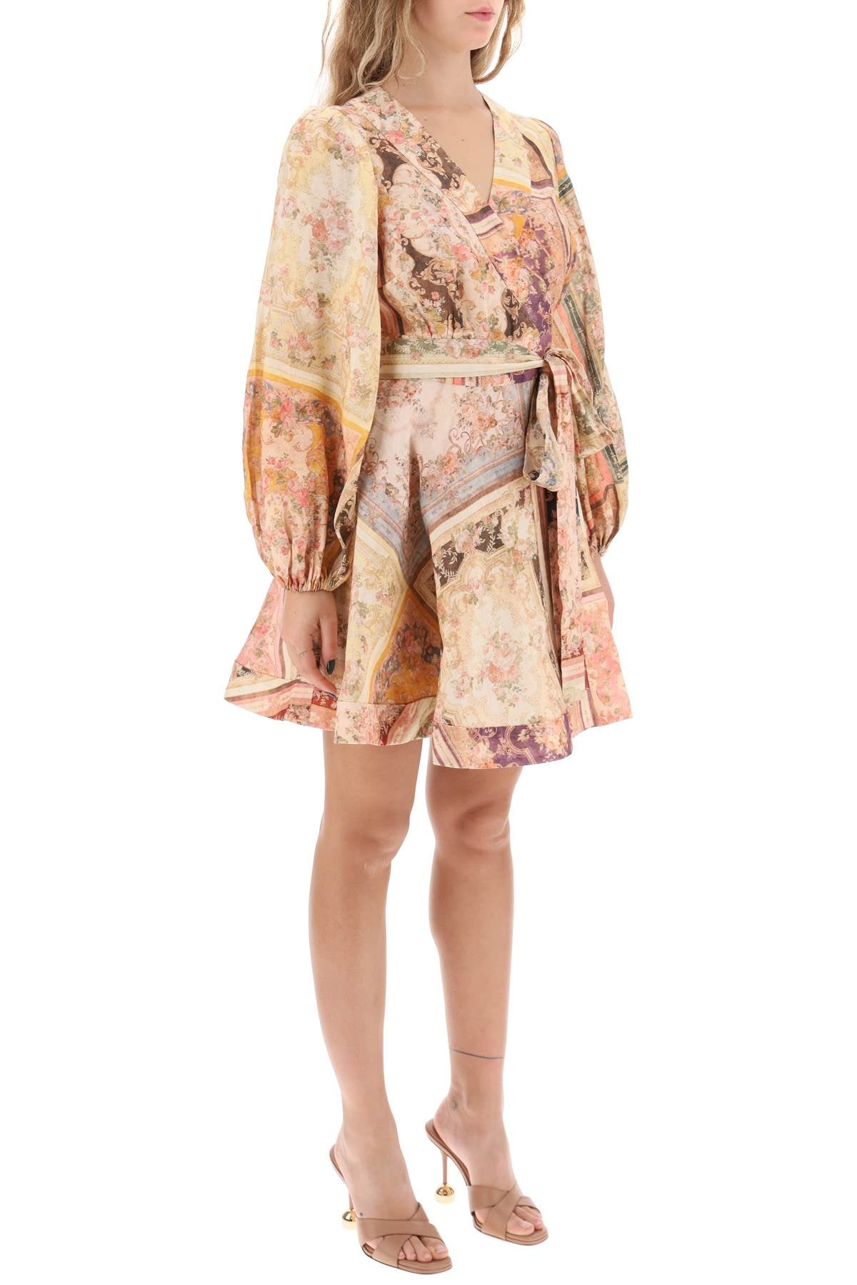 ZIMMERMANN Multicolored Linen Short Dress with Wrap-Around Fastening and Wide Sleeves