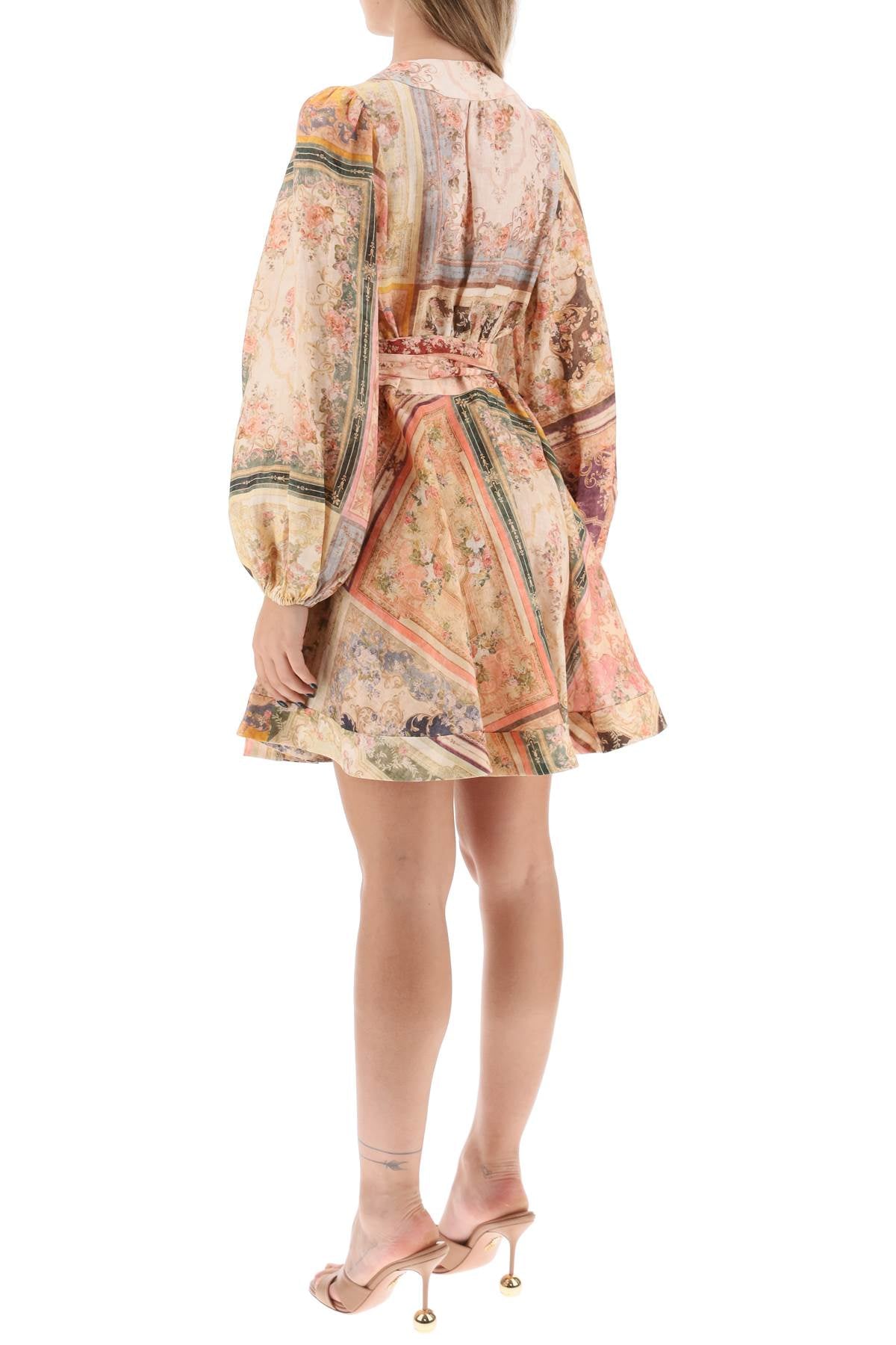 ZIMMERMANN Multicolored Linen Short Dress with Wrap-Around Fastening and Wide Sleeves