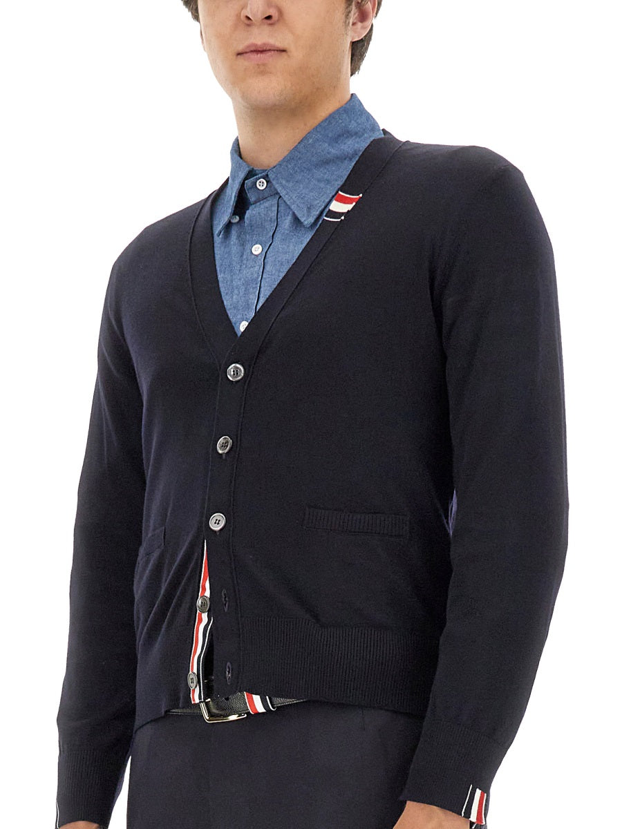 THOM BROWNE Classic V-Neck Wool Cardigan for Men