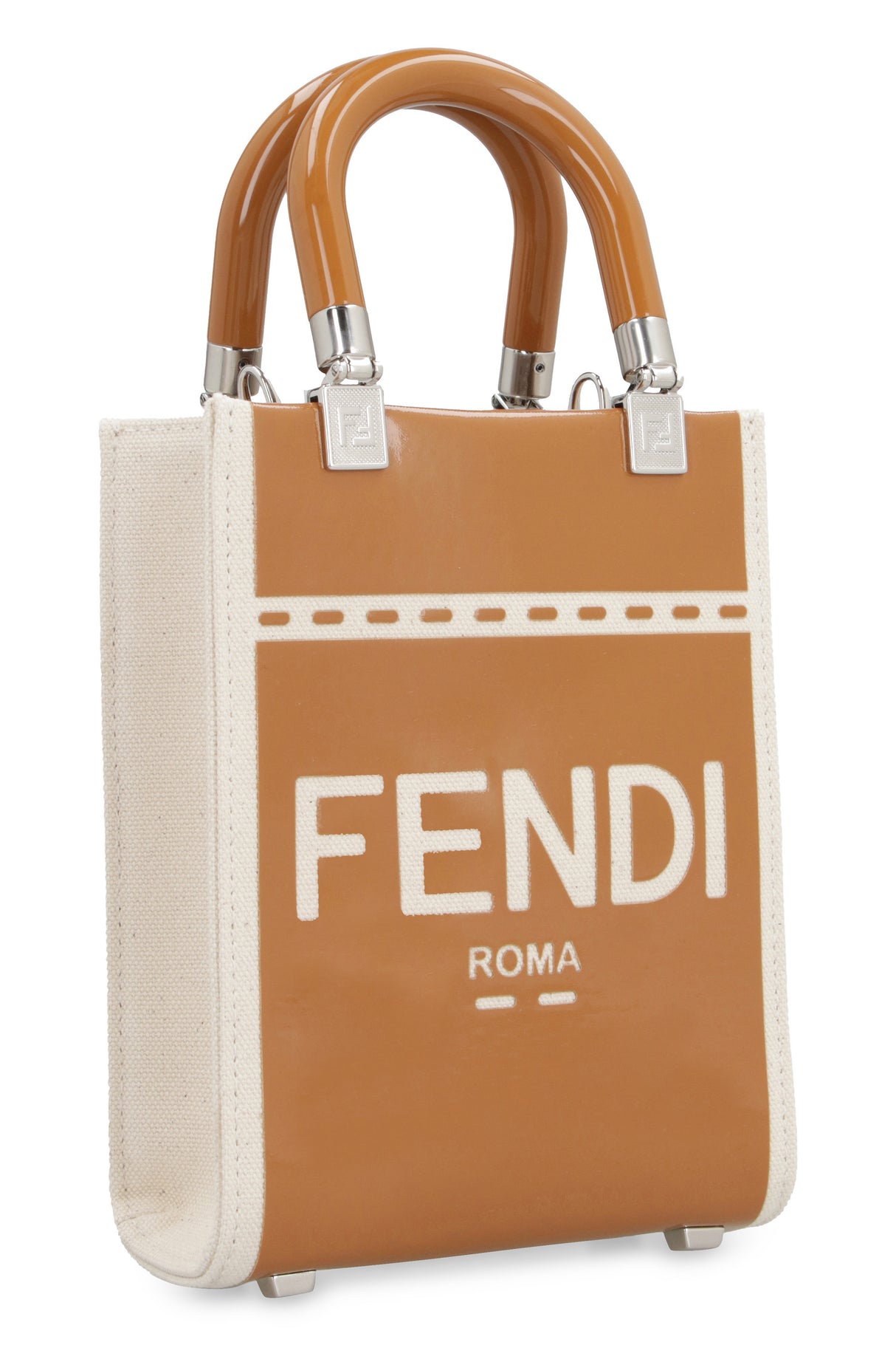 FENDI Mini Sunshine Top-Handle Canvas Tote with Patent Leather Accents and Shoulder Strap, Tan - SS24