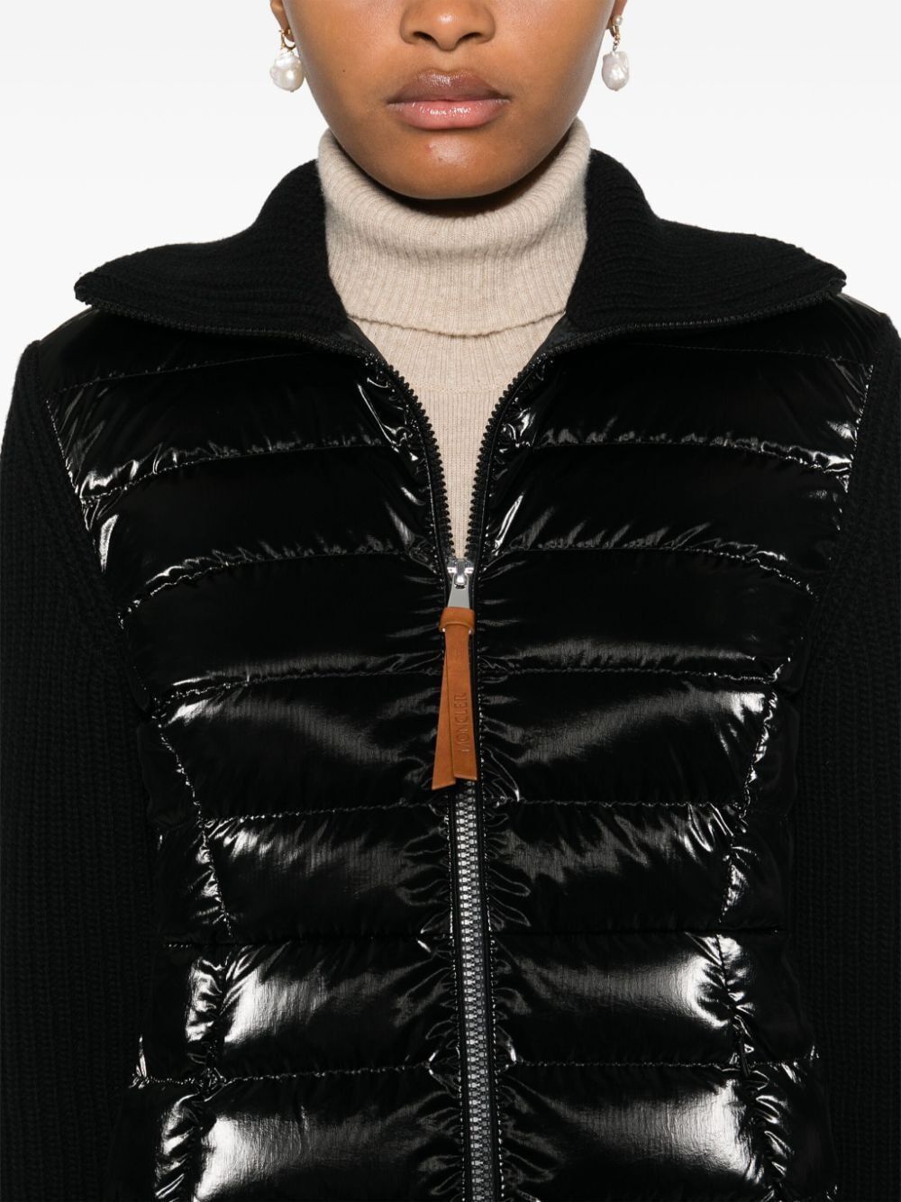 MONCLER Black Quilted Cardigan with Mesh Sleeves – Women's Outerwear