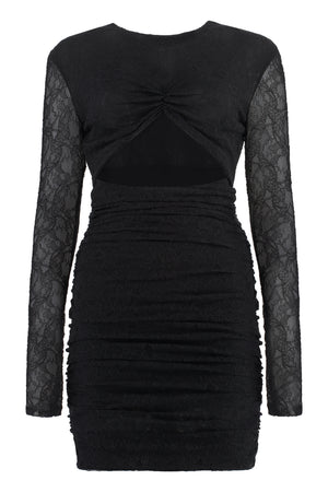 PHILOSOPHY DI LORENZO SERAFINI Stylish Black Lace Mini Dress for Women - Front Cut-Out Detail, Keyhole Button Fastening