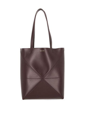 LOEWE バーガンディカーフスキンパズルフォールドトートバッグ