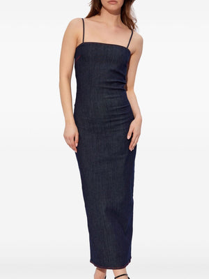 ALAIA Fitted Denim Long Dress with Contrasting Red Seams