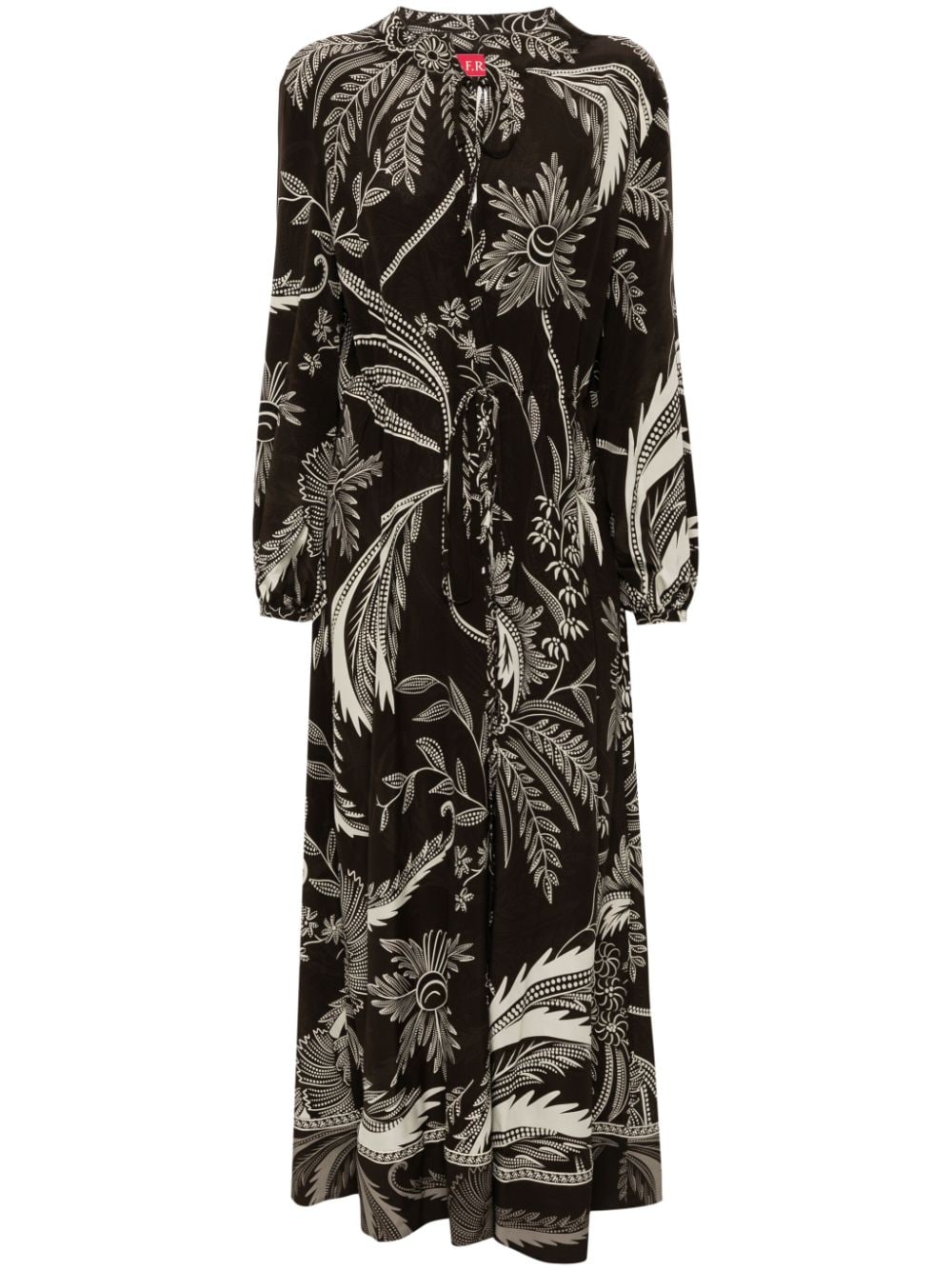 F.R.S FOR RESTLESS SLEEPERS Botanical Print Silk Dress with Drawstring Waist, Long Sleeves