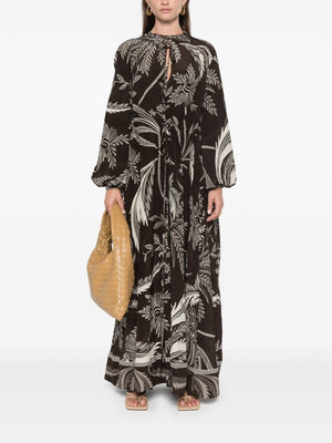 F.R.S FOR RESTLESS SLEEPERS Botanical Print Silk Dress with Drawstring Waist, Long Sleeves