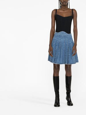 BALMAIN Pleated Mini Denim Skirt