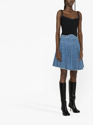 BALMAIN Pleated Mini Denim Skirt