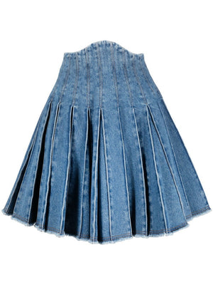 BALMAIN Pleated Mini Denim Skirt