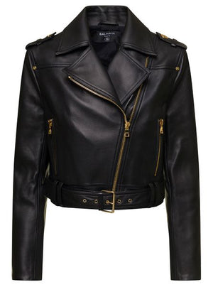 BALMAIN Cropped Belted Leather Biker Jacket for Women