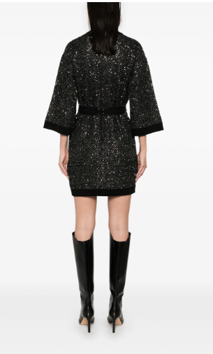 ELISABETTA FRANCHI Black Sequin-Embellished Mini Dress with Zip Detail